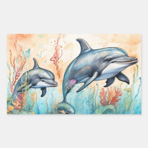 Adesivo Retangular Impressão de arte de golfinhos em aquarela