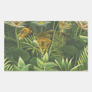 Adesivo Retangular Impressão Vintage de Leão na Selva Tropical de Hen