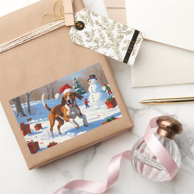 Adesivo Retangular Inglês Americano Foxhound Natal Festivo Neve (Presentear)