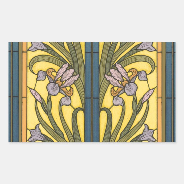 Adesivo Retangular Iris Flor Art Nouveau Vitral Azul Dourado (Frente)