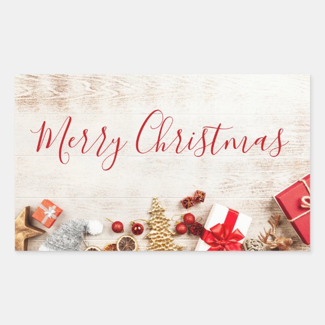 Adesivo Retangular Itens de Natal em um Conselho Russo de Madeira (Frente)