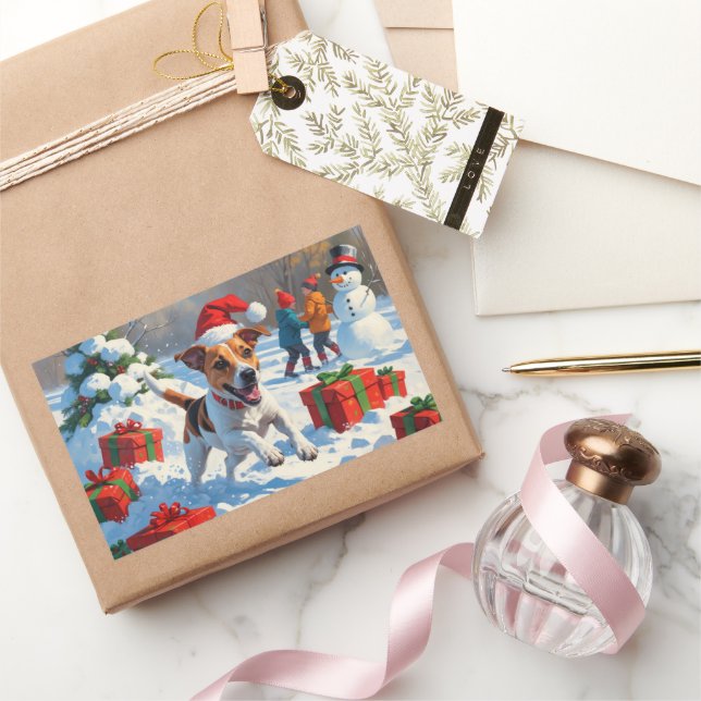 Adesivo Retangular Jack Russell Correndo na Neve com Chapéu de Natal (Presentear)