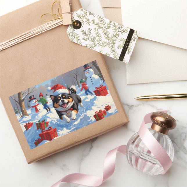 Adesivo Retangular Japanese Chin Correndo na Neve com Chapéu de Natal (Presentear)