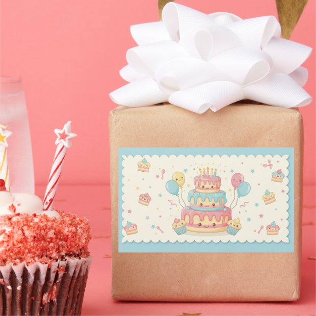 Adesivo Retangular Kawaii Birthday - Cute Cake and Cupcakes (Festa)