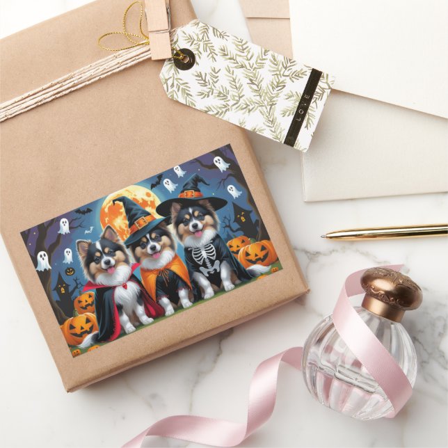 Adesivo Retangular Keeshond Dogs Pumpkin Halloween Engraçado (Presentear)