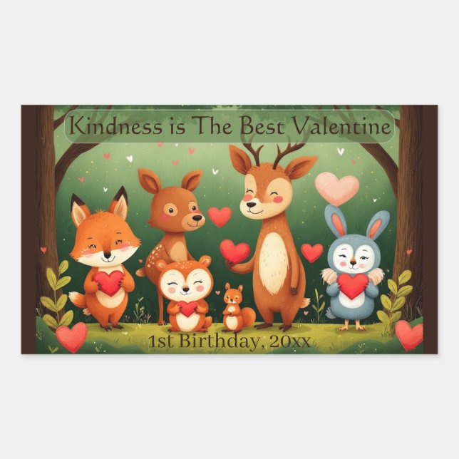 Adesivo Retangular Kindness Best Valentine Woodland Animals Birthday  (Frente)