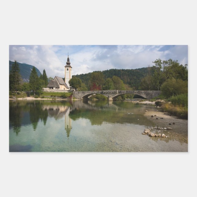 Adesivo Retangular Lago Bohinj e igreja, vinheta retangular Eslovênia (Frente)