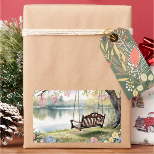 Adesivo Retangular Lakeside Swing em Jardim Romântico de Aquarela
