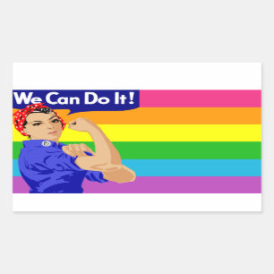 ADESIVO RETANGULAR LGBTQ ROSIE O RIVETOR COM BANDEIRA DE CAIXA