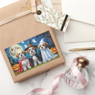 Adesivo Retangular Lhasa Apso Cachorros Pumpkin Halloween Engraçado