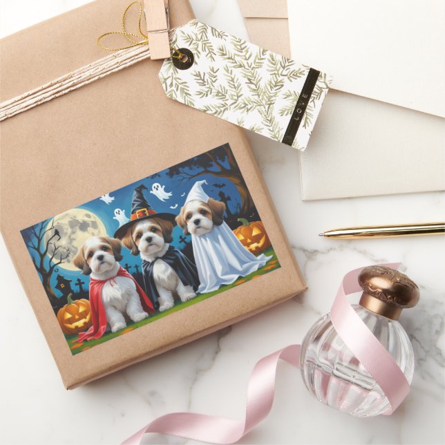 Adesivo Retangular Lhasa Apso Cachorros Pumpkin Halloween Engraçado (Presentear)