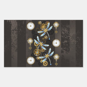 Adesivo Retangular Libélulas Steampunk em fundo listrado marrom