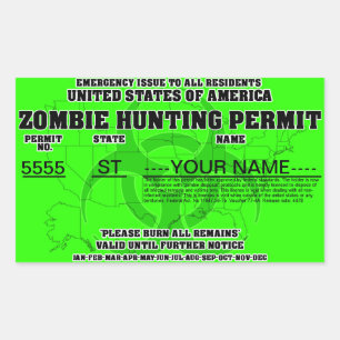 Adesivo Retangular Licença da caça do zombi (verde-clara)