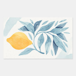 Adesivo Retangular Limão com ilustração botânica das folhas azuis