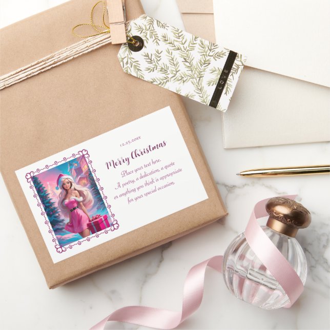 Adesivo Retangular Linda garota de Natal rosa 01 (Presentear)