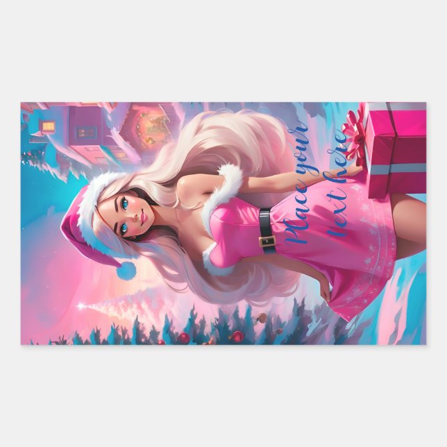 Adesivo Retangular Linda garota de Natal rosa 01 (Frente)