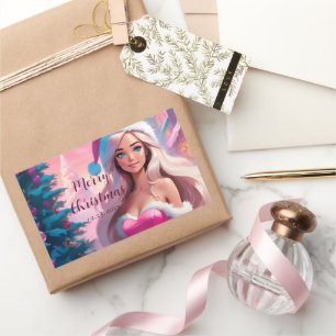 Adesivo Retangular Linda garota de Natal rosa 01