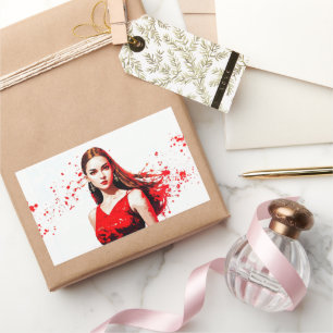 Adesivo Retangular Linda Menina Vermelha Tendência Moderna Vestida Ar