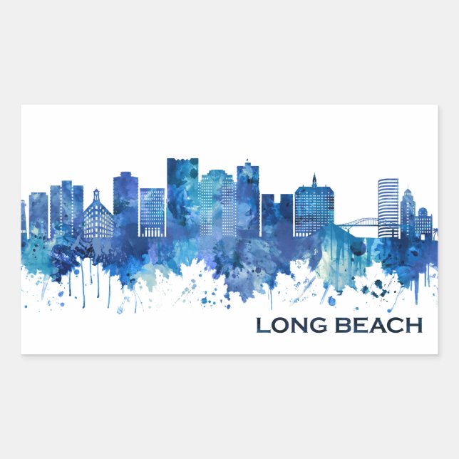 Adesivo Retangular Long Beach California Skyline Blue (Frente)