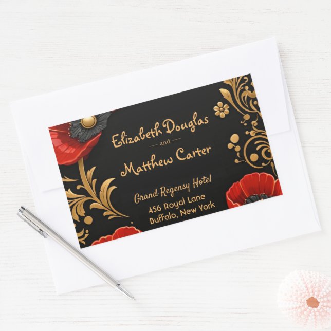 Adesivo Retangular Luxury Black Red and Gold Floral Wedding  (Envelope)