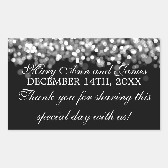Adesivo Retangular Luzes de Prata Mágica de Marca de Casamento (Frente)