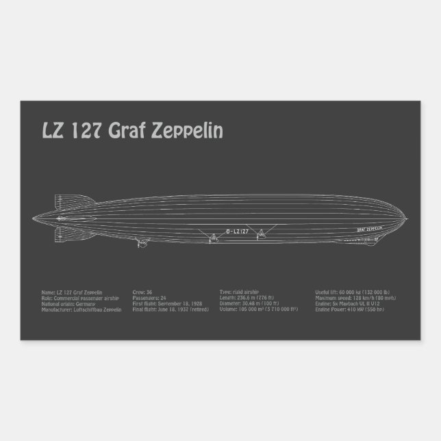 Adesivo Retangular LZ 127 Graf Zeppelin - Planos de Impressão Aeronáu (Frente)