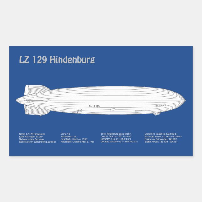 Adesivo Retangular LZ 129 Hindenburg - Planos de projeto de aeróstato (Frente)
