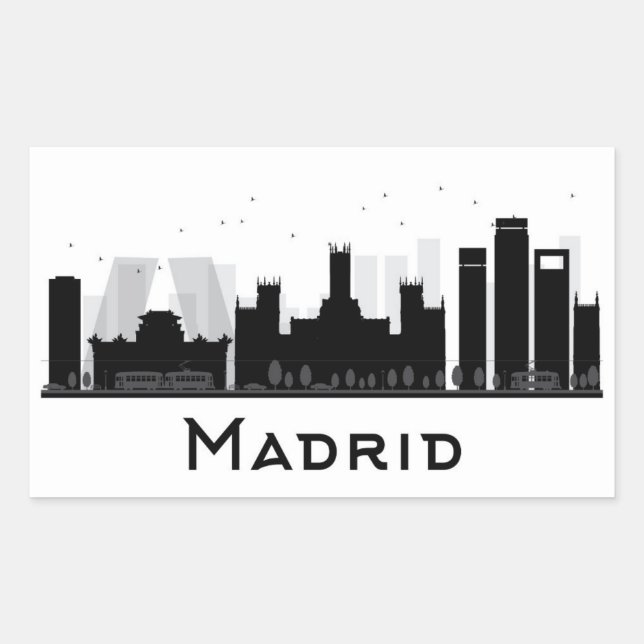 Adesivo Retangular Madrid, Espanha | Black & White City Skyline (Frente)
