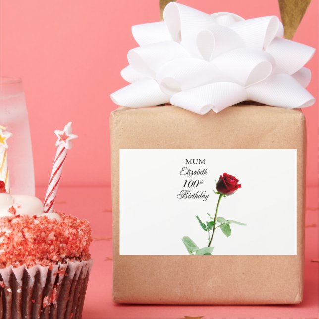 Adesivo Retangular Mãe 100ª Rosa vermelha de aniversário Personalizad (Festa)