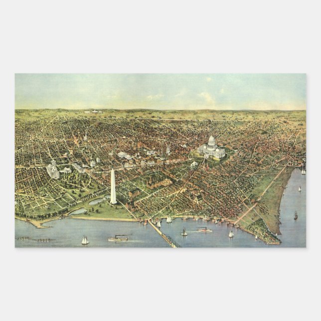 Adesivo Retangular Mapa Antigo com uma Vista Panorâmica de Washington (Frente)