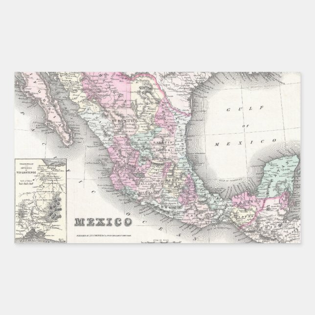 Adesivo Retangular Mapa Antigo do México (1855) (Frente)