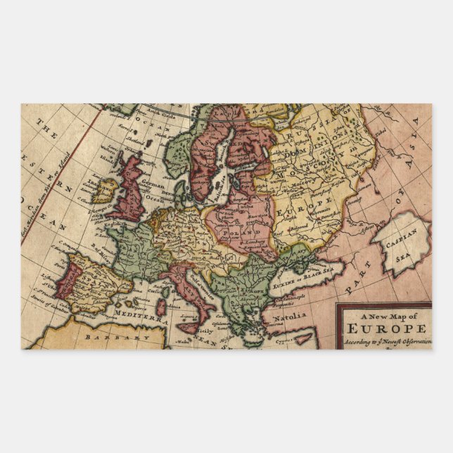 Adesivo Retangular Mapa da Europa do Antiquário 1721 por Herman Moll (Frente)