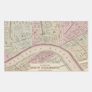 Adesivo Retangular Mapa da Vintagem de Nova Orleans (1880)