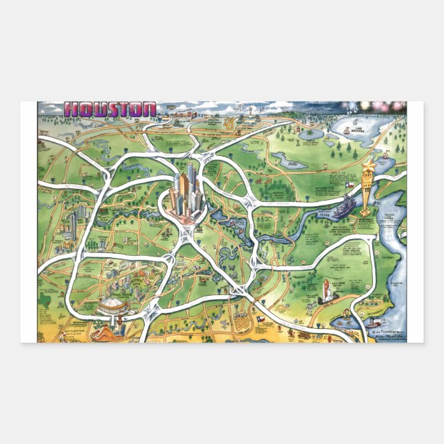 Adesivo Retangular Mapa de Cartoons de Houston Texas (Frente)