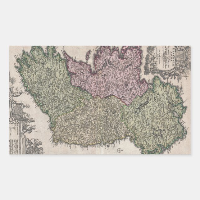 Adesivo Retangular Mapa de Vintage da Irlanda (1716) (Frente)