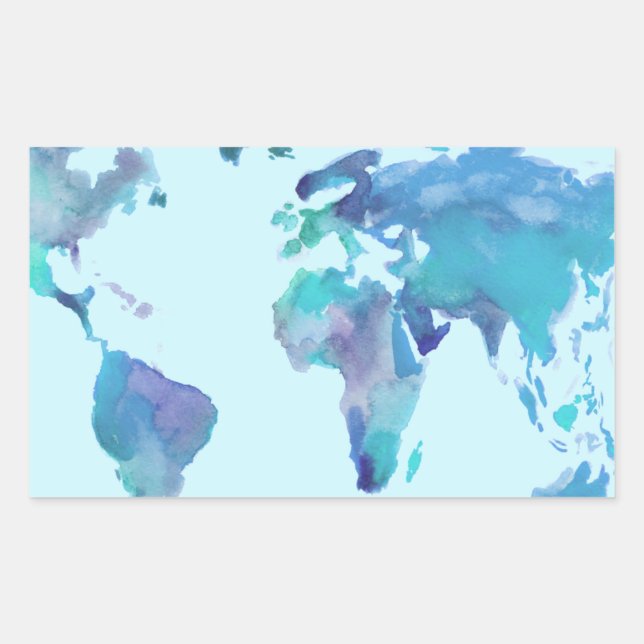 Adesivo Retangular Mapa do Mundo Azul da Aquarela (Frente)