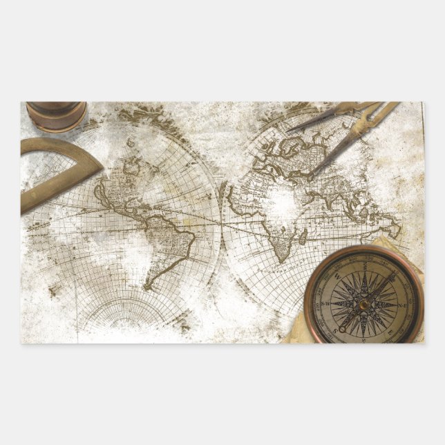 Adesivo Retangular Mapa E Ferramentas Do Mundo Vintage (Frente)