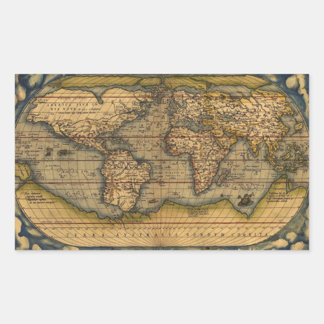 Adesivo Retangular Mapa Mundial Ortelius 1570: Cartografia Antiga (Frente)