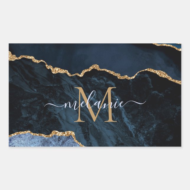Adesivo Retangular Marinho Azul Dourado Marble Personalizar Nome Auto (Frente)