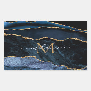 Adesivo Retangular Marinho Azul Dourado Marble Personalizar Nome Auto