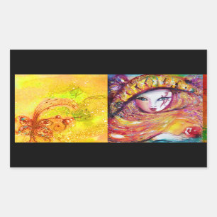 ADESIVO RETANGULAR MÁSCARA CARNIVAL NO AMARELO DOURADO COM ROSA VERM