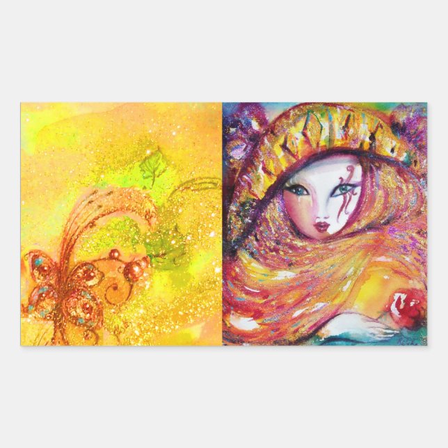 ADESIVO RETANGULAR MÁSCARA CARNIVAL NO AMARELO DOURADO COM ROSA VERME (Frente)