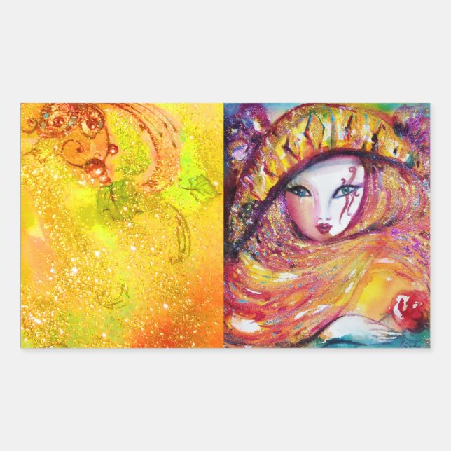 ADESIVO RETANGULAR MÁSCARA CARNIVAL NO AMARELO DOURADO COM ROSA VERME (Frente)