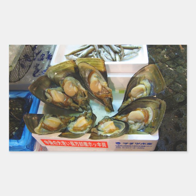 Adesivo Retangular Mercado de Peixes de Tsukiji, Giant Muselles, Tóqu (Frente)