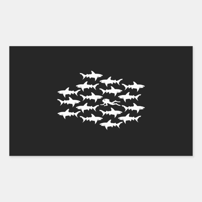 Adesivo Retangular Mergulho Scuba Nadando com Escola de Tubarões (Frente)