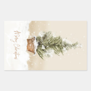 Adesivo Retangular Merry Christmas Snowy Tree Watercolor