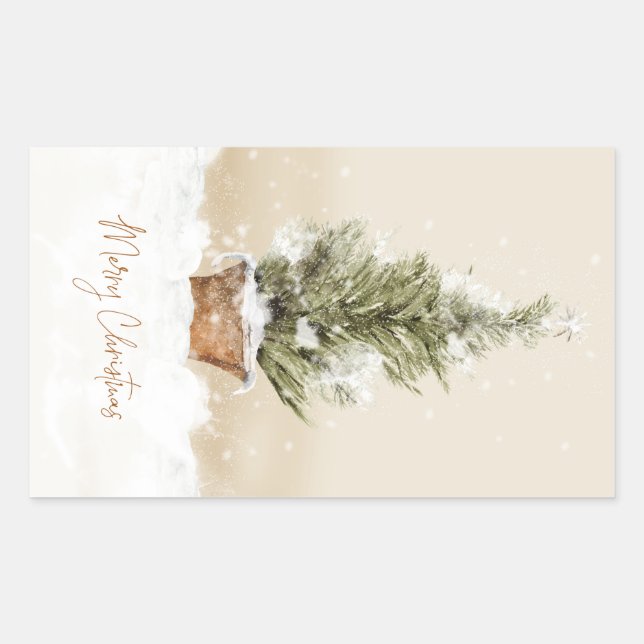 Adesivo Retangular Merry Christmas Snowy Tree Watercolor (Frente)