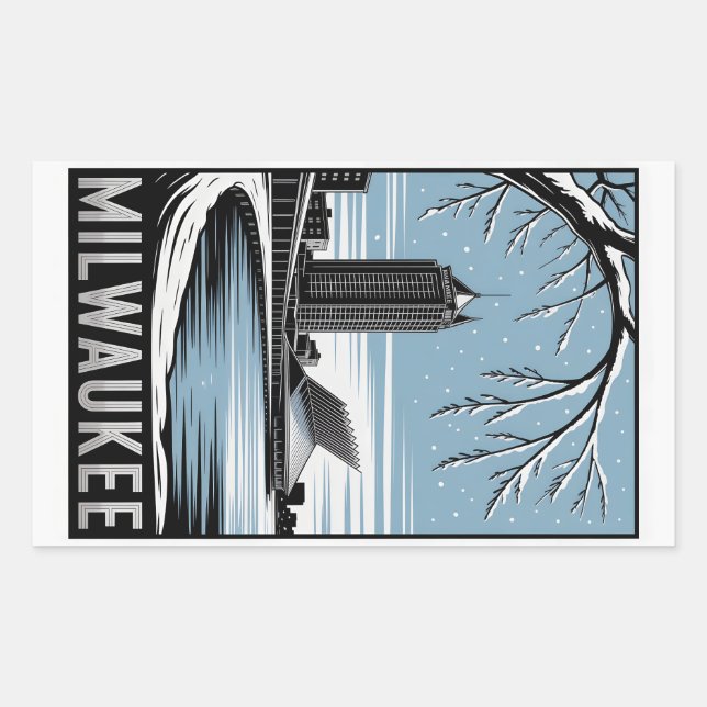 Adesivo Retangular Milwaukee Skyline Black and White Woodcut Winter (Frente)