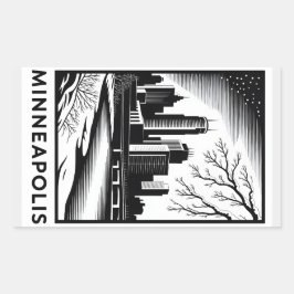 Adesivo Retangular Minneapolis Skyline Black and White Woodcut Winter