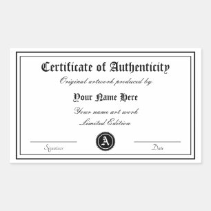 Adesivo Retangular Modelo de certificado de autenticidade arte genuín
